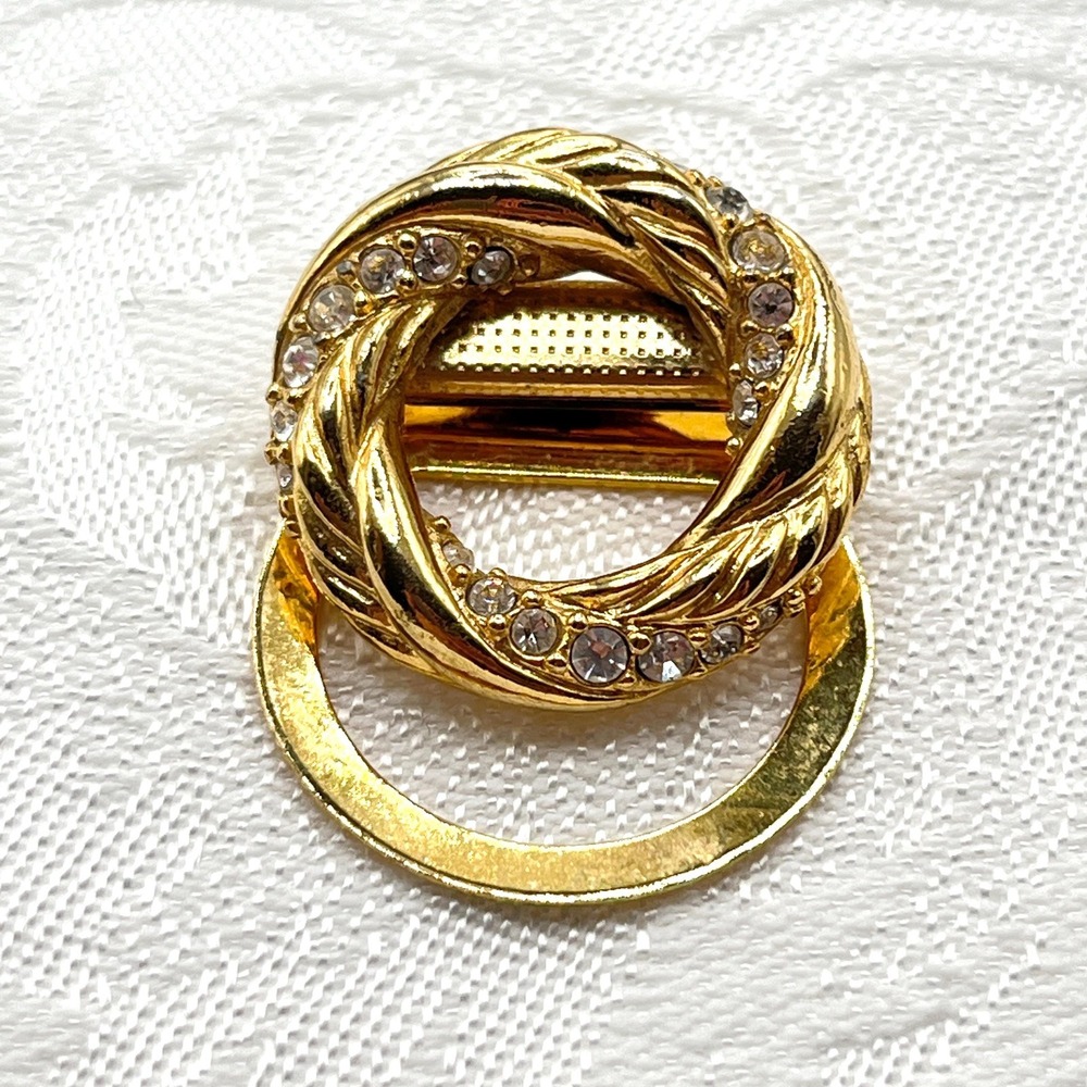 Vintage Anne Klein AK Signed Gold Tone Circle Scarf Clip w/ Rhinestones